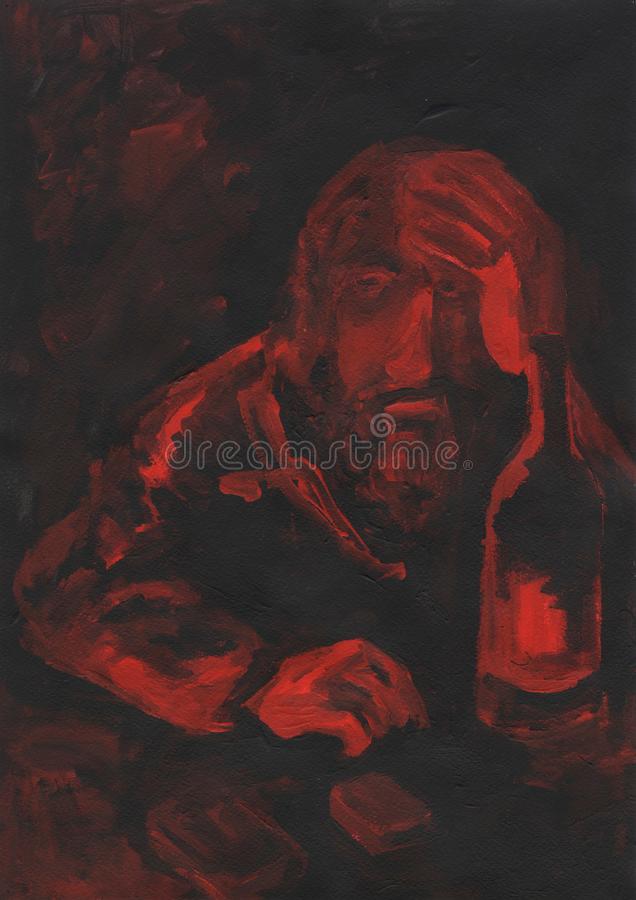 portrait-man-table-depression-anxiety-bar-interior-poster-silhouette-lonely-person-bottle-hangover-black-red-131822051